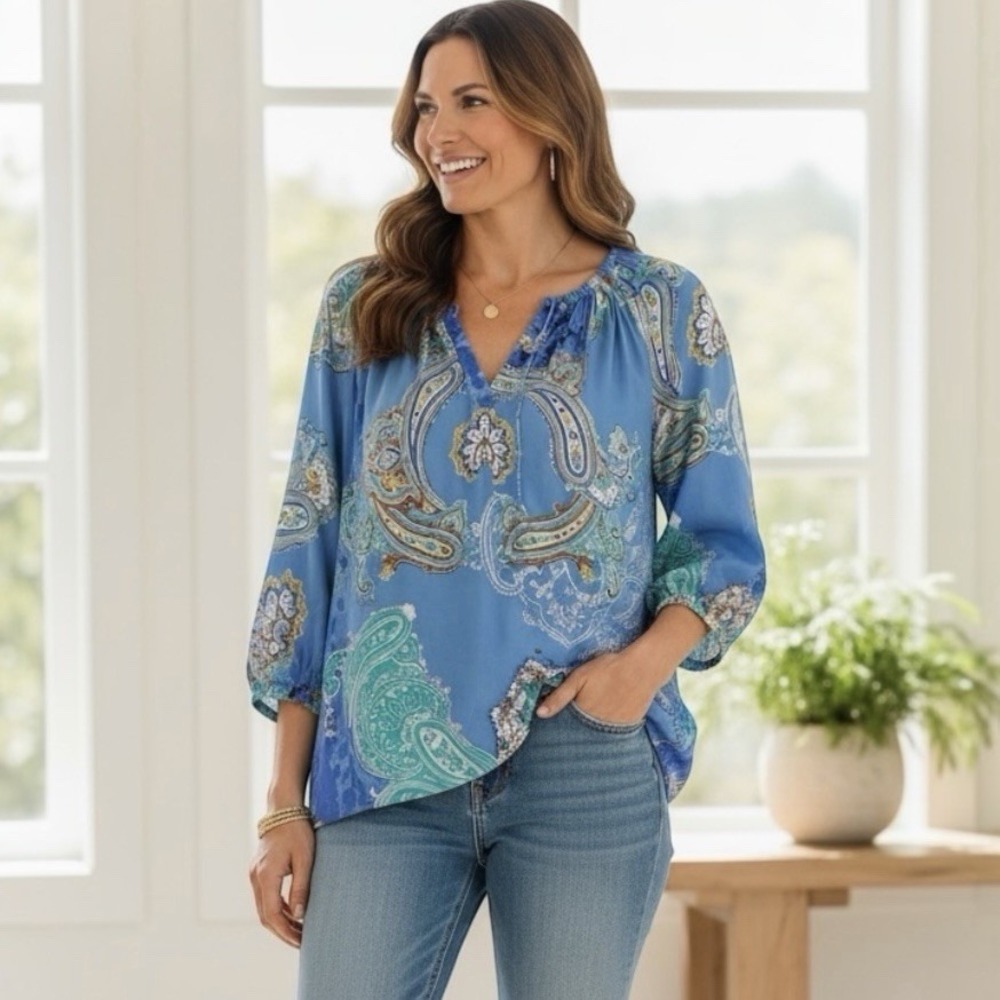 Soiree Blue Paisley Peasant Blouse Womens 2X Boho Resort Coastal